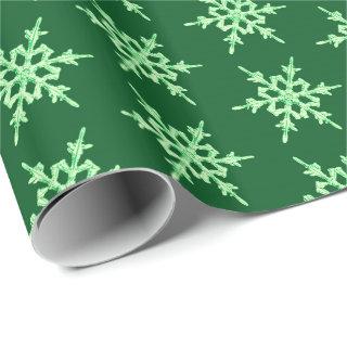Snowflakes, pale green crystals on dark green