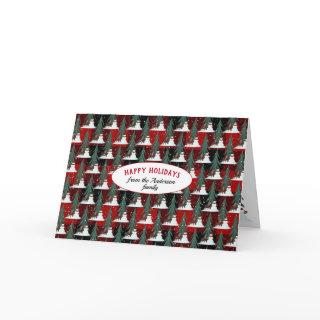 snowman and deer in snowflakes on plaid holiday card