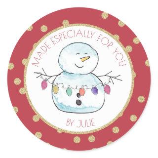 Snowman and String Lights Classic Round Sticker