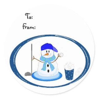 Snowman Golfer Classic Round Sticker