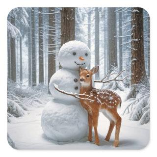 Snowman Hugging a Fawn Square Sticker