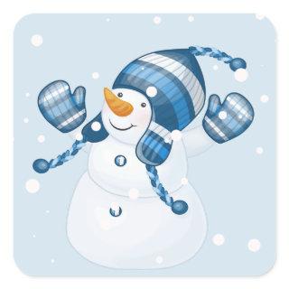 Snowman In Blue Mitts and Hat Square Sticker