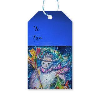 SNOWMAN WITH CHRISTMAS TREE AND TOYS ,Blue Gift Tags
