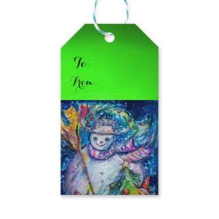 SNOWMAN WITH CHRISTMAS TREE AND TOYS ,Green Gift Tags