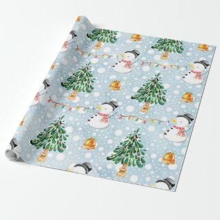 Snowman With Fir Tree In Watercolor Pattern