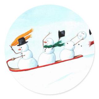 Snowmen on a Sled Classic Round Sticker