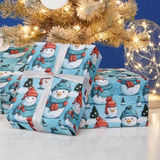 Snowmen Pine Trees Snow Blue Christmas