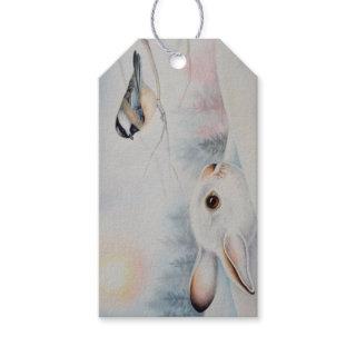 Snowshoe Rabbit & Chickadee Bird Watercolor Art Gift Tags