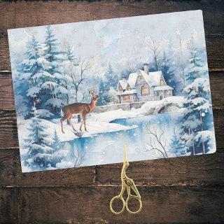 Snowy Deer in Forest near Lake House in Winter Tissue Paper