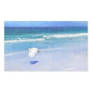 Snowy Egret Coastal Watercolor Rectangular Sticker