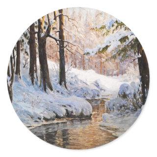 Snowy Forest Landscape, Walter Moras  Classic Round Sticker