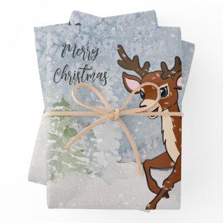 Snowy forest with a baby deer   sheets