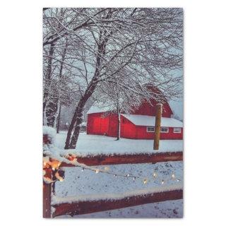 Snowy Red Barn with Christmas Lights on Fence Tissue Paper