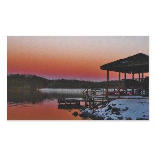 Snowy Sunset at Lake Arrowhead dock Rectangular Sticker