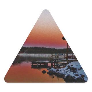 Snowy Sunset at Lake Arrowhead dock Triangle Sticker