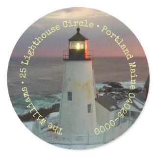 Snowy Sunset Lighthouse Return Address Classic Round Sticker