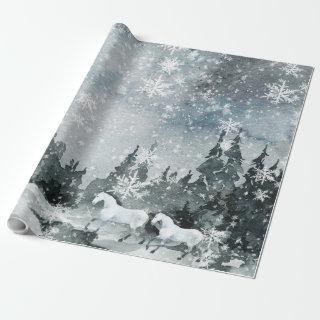 Snowy White Horses In A Winter Forest Night Sky