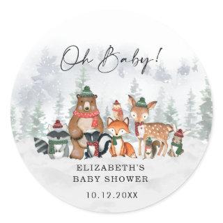 Snowy Winter Woodland Forest Boy Baby Shower Classic Round Sticker