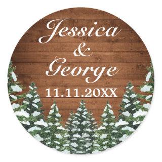 Snowy Wood & Forest Country Pine Wedding Classic Round Sticker