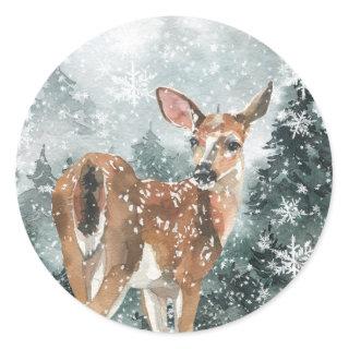 Snowy Woodland Mountain Forest Reindeer Classic Round Sticker