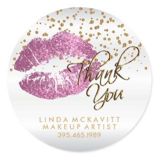 So Pink Glitter Lipstick on White - Thank You Classic Round Sticker