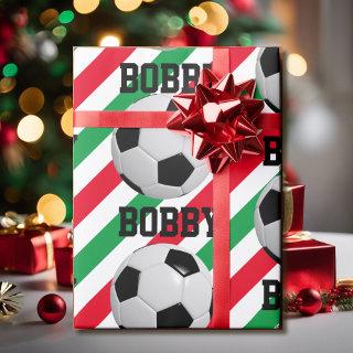 Soccer Ball Christmas Add Name Stripe Red n Green