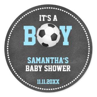 Soccer Theme Baby Shower Chalkboard Blue Boy Classic Round Sticker