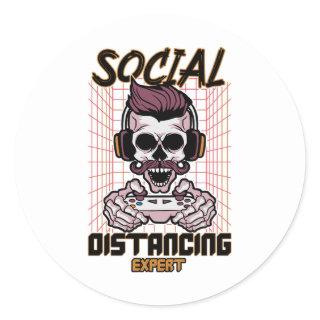 Social distancing expert gaming design classic round sticker