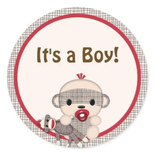 SOCK MONKEY Baby Shower blank Round BOY #5 Classic Round Sticker