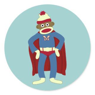 Sock Monkey Superhero Classic Round Sticker