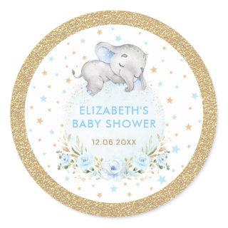 Soft Blue Gold Boy Elephant Baby Shower Favors Classic Round Sticker