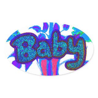 Soft Cyan Blue Flower Art: A Baby's Touch.  Oval Sticker