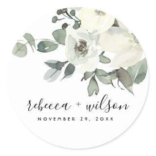 SOFT IVORY WHITE FLORAL WATERCOLOR BUNCH WEDDING CLASSIC ROUND STICKER