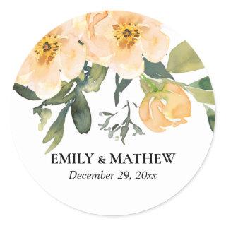 SOFT PASTEL PEACH PEONY FLORAL WATERCOLOR WEDDING CLASSIC ROUND STICKER