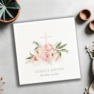 Soft Pastel Peach Rose Floral Cross Bunch Baptism Napkins