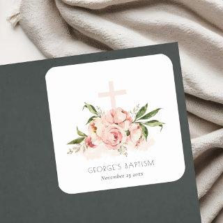 Soft Pastel Peach Rose Floral Cross Bunch Baptism Square Sticker