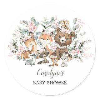 Soft Pink Woodland Animals Eucalyptus Baby Shower Classic Round Sticker