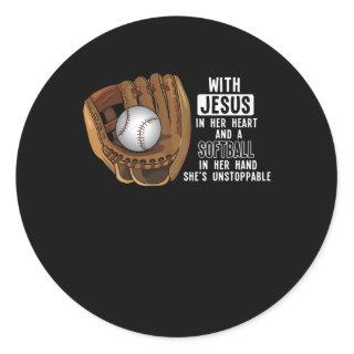 Softball Catcher Girl Jesus Religious Baseball Classic Round Sticker