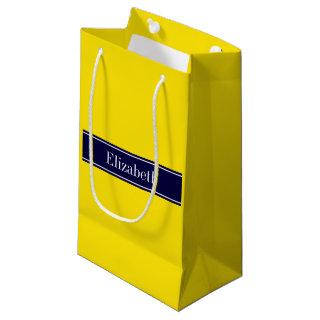 Solid Yellow, Navy Blue Ribbon Name Monogram Small Gift Bag