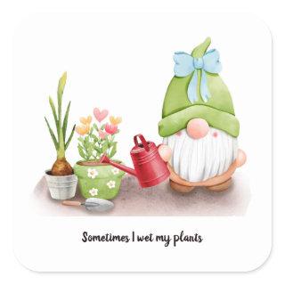 Sometimes I wet my plants gnome bow red can  Square Sticker
