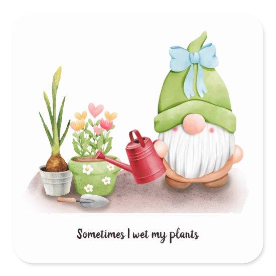 Sometimes I wet my plants gnome bow red can  Square Sticker