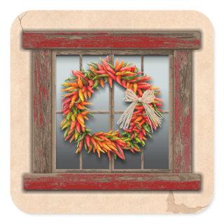 Southwest Chile Wreath on Rustic Wood Window Square Sticker