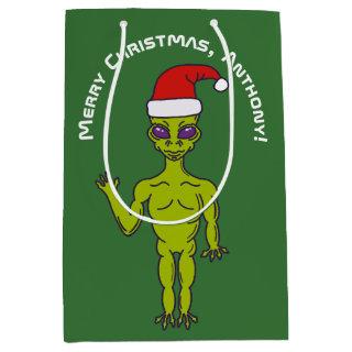 Space Alien in a Santa Hat Personalized Christmas Medium Gift Bag