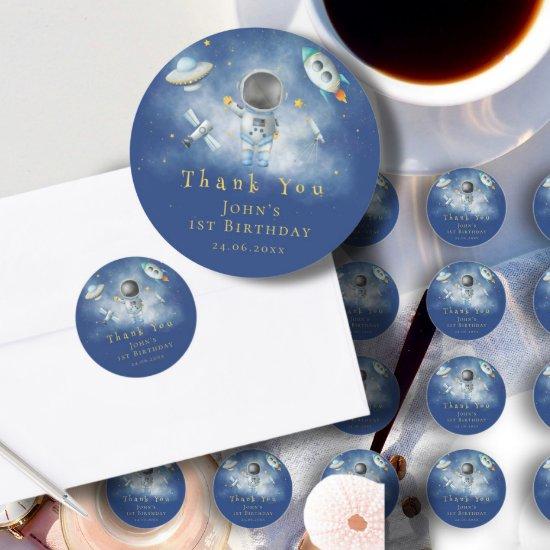Space Astronaut Boy rockets ufo stars 1st Birthday Classic Round Sticker