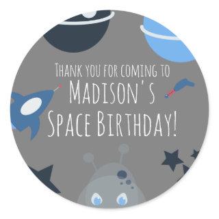 Space Birthday  Alien Themed Blue Gray   Classic Round Sticker