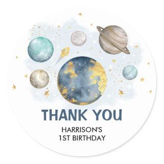 Space Galaxy Planets Moon Stars Baby Boy Birthday  Classic Round Sticker