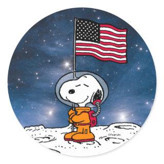 SPACE | Snoopy With Flag Astronaut Classic Round Sticker