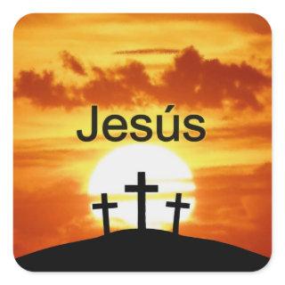 Spanish Jesús Calvary Sunrise Square Sticker