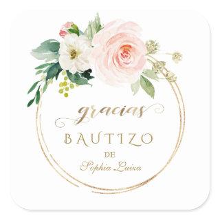 Spanish Unique Pink Blush Floral Gold Bautizo Square Sticker