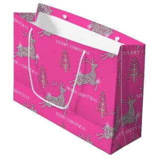 Sparkling Diamond Reindeer on Pink Christmas Large Gift Bag